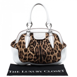 Pre Owned Dolce and Gabbana White/Brown Leopard Print Canvas and Leather Frame Satchel
