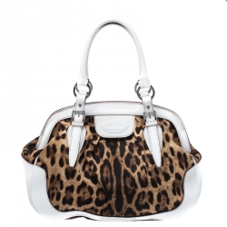 Pre Owned Dolce and Gabbana White/Brown Leopard Print Canvas and Leather Frame Satchel