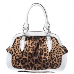 Pre Owned Dolce and Gabbana White/Brown Leopard Print Canvas and Leather Frame Satchel