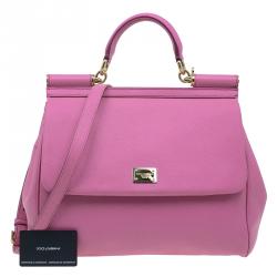 Pre Owned Dolce and Gabbana Pink Leather Large Miss Sicily Tote