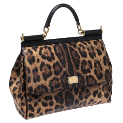 Pre Owned Dolce & Gabbana Leopard Print Coated Canvas and Leather Large Miss Sicily Top Handle Bag