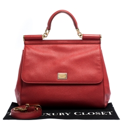 Pre Owned Dolce & Gabbana Red Leather Large Miss Sicily Top Handle Bag
