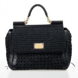 Pre Owned Dolce and Gabbana Black Woven Raffia Miss Sicily Top Handle