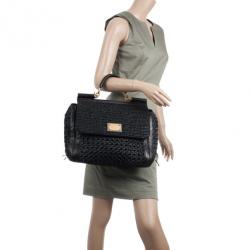 Pre Owned Dolce and Gabbana Black Woven Raffia Miss Sicily Top Handle