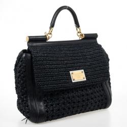 Pre Owned Dolce and Gabbana Black Woven Raffia Miss Sicily Top Handle