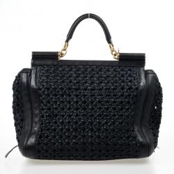 Pre Owned Dolce and Gabbana Black Woven Raffia Miss Sicily Top Handle