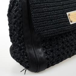 Pre Owned Dolce and Gabbana Black Woven Raffia Miss Sicily Top Handle