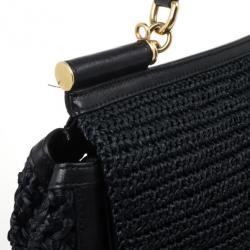 Pre Owned Dolce and Gabbana Black Woven Raffia Miss Sicily Top Handle