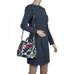 مملوكة مسبقًا Dolce and Gabbana Black/White Leather Medium Rose Print Miss Sicily Tote