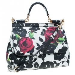 مملوكة مسبقًا Dolce and Gabbana Black/White Leather Medium Rose Print Miss Sicily Tote