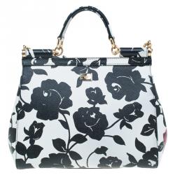 مملوكة مسبقًا Dolce and Gabbana Black/White Leather Medium Rose Print Miss Sicily Tote