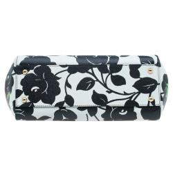 مملوكة مسبقًا Dolce and Gabbana Black/White Leather Medium Rose Print Miss Sicily Tote