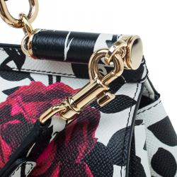 مملوكة مسبقًا Dolce and Gabbana Black/White Leather Medium Rose Print Miss Sicily Tote