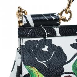 مملوكة مسبقًا Dolce and Gabbana Black/White Leather Medium Rose Print Miss Sicily Tote