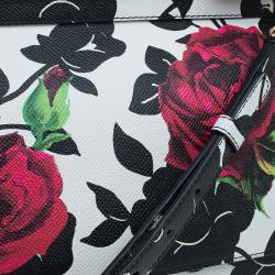 مملوكة مسبقًا Dolce and Gabbana Black/White Leather Medium Rose Print Miss Sicily Tote