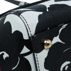 مملوكة مسبقًا Dolce and Gabbana Black/White Leather Medium Rose Print Miss Sicily Tote