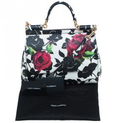 مملوكة مسبقًا Dolce and Gabbana Black/White Leather Medium Rose Print Miss Sicily Tote