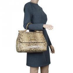 Pre Owned Dolce and Gabbana Yellow Python Medium Miss Sicily Top Handle Bag