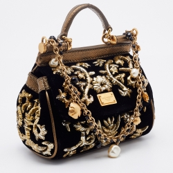 Dolce & Gabbana Black/Gold Velvet and Leather Embellished Miss Sicily Top Handle Bag