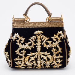 Dolce & Gabbana Black/Gold Velvet and Leather Embellished Miss Sicily Top Handle Bag