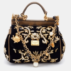 Dolce & Gabbana Black/Gold Velvet and Leather Embellished Miss Sicily Top Handle Bag