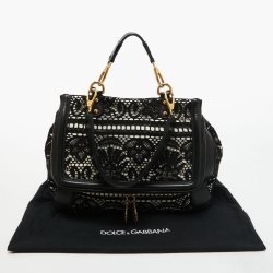 Pre Owned Dolce & Gabbana White/Black Crochet and Leather Miss Sicily Top Handle Bag