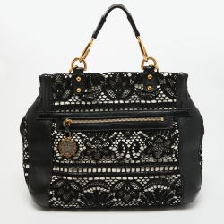 Pre Owned Dolce & Gabbana White/Black Crochet and Leather Miss Sicily Top Handle Bag