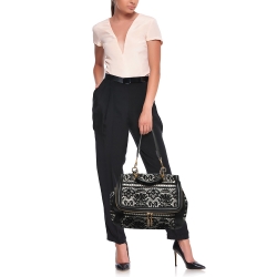 Pre Owned Dolce & Gabbana White/Black Crochet and Leather Miss Sicily Top Handle Bag