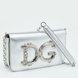 Pre Owned Dolce & Gabbana Silver Leather DG Girls Shoulder Bag