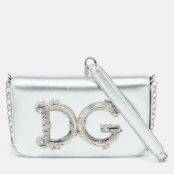 Pre Owned Dolce & Gabbana Silver Leather DG Girls Shoulder Bag