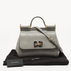 مملوكة مسبقًا Dolce & Gabbana Grey Lizard Embossed Leather Medium Miss Sicily Top Handle Bag