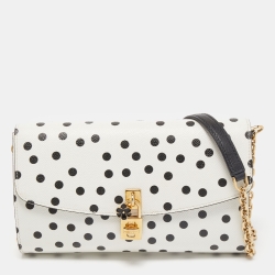 Pre Owned Dolce & Gabbana White/Black Polka Dot Leather Padlock Chain Clutch
