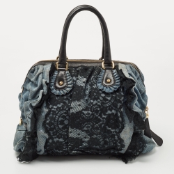 Dolce & Gabbana Blue/Black Denim And Lace Miss Rouche Distressed Satchel