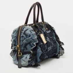 Dolce & Gabbana Blue/Black Denim And Lace Miss Rouche Distressed Satchel