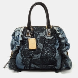 Dolce & Gabbana Blue/Black Denim And Lace Miss Rouche Distressed Satchel