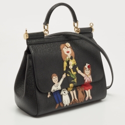 Pre Owned Dolce & Gabbana Black Leather Medium Family Patch Sicily Top Handle Bag