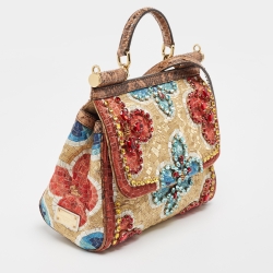Dolce & Gabbana Multicolor Embroidered and Python Crystal Medium Miss Sicily Top Handle Bag