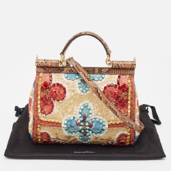 Dolce & Gabbana Multicolor Embroidered and Python Crystal Medium Miss Sicily Top Handle Bag