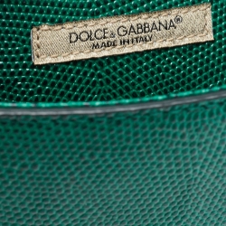Pre Owned Dolce & Gabbana Green Lizard Embossed Leather Crystal DG Logo Medium Miss Sicily Bag