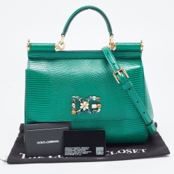 Pre Owned Dolce & Gabbana Green Lizard Embossed Leather Crystal DG Logo Medium Miss Sicily Bag