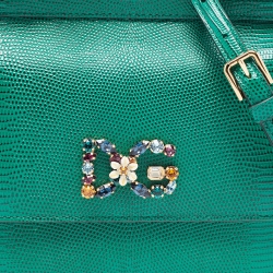 Pre Owned Dolce & Gabbana Green Lizard Embossed Leather Crystal DG Logo Medium Miss Sicily Bag