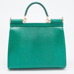 Pre Owned Dolce & Gabbana Green Lizard Embossed Leather Crystal DG Logo Medium Miss Sicily Bag