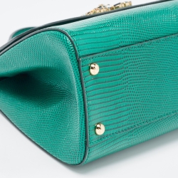 Pre Owned Dolce & Gabbana Green Lizard Embossed Leather Crystal DG Logo Medium Miss Sicily Bag