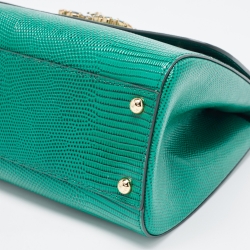 Pre Owned Dolce & Gabbana Green Lizard Embossed Leather Crystal DG Logo Medium Miss Sicily Bag