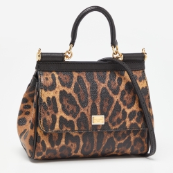 Pre Owned Dolce & Gabbana Brown/Black Leopard Print Coated Canvas and Leather Small Miss Sicily Top Handle Bag