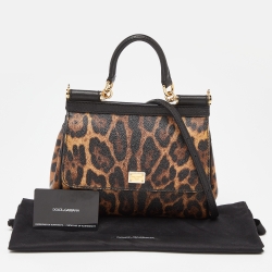 Pre Owned Dolce & Gabbana Brown/Black Leopard Print Coated Canvas and Leather Small Miss Sicily Top Handle Bag