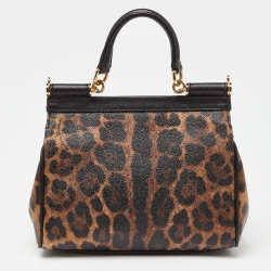 Pre Owned Dolce & Gabbana Brown/Black Leopard Print Coated Canvas and Leather Small Miss Sicily Top Handle Bag