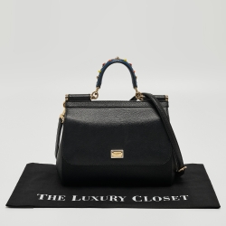Pre Owned Dolce & Gabbana Black Leather Medium Miss Sicily Top Handle Bag