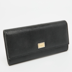 Pre Owned Dolce & Gabbana Black Lizard Embossed Leather Flap Continental Wallet