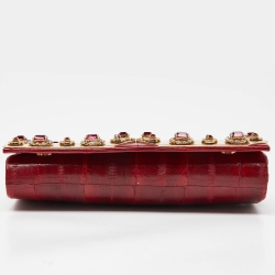 Pre Owned Dolce & Gabbana Red Eel Leather DG Gems Stone Embellished Wallet on Chain